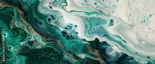 Glistening emerald marble ink drifts gracefully across a captivating abstract setting, shimmering with radiant glitters.