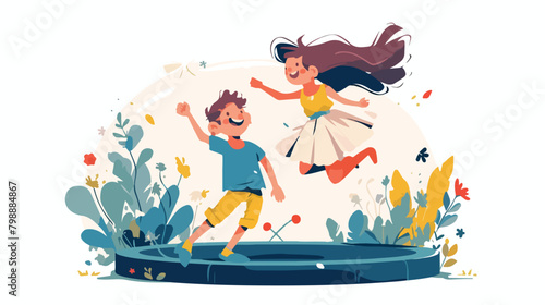 Happy children boy and girl jumping on a trampoline