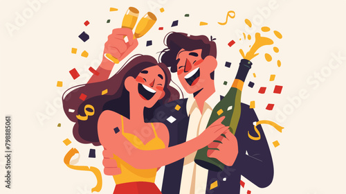 Happy couple celebrating event opening champagne bo