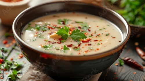A bowl of fragrant Thai Tom Kha soup garnished with herbs and chili flakes, representing the rich and creamy flavors of Thai cuisine.