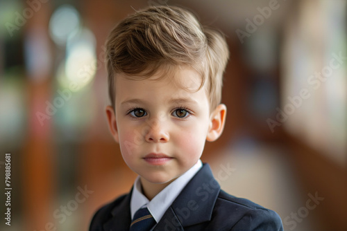 Close-up portrait of a young boy with big blue eyes, dressed in a formal suit and tie, looking at the camera with a gentle expression in a softly blurred background