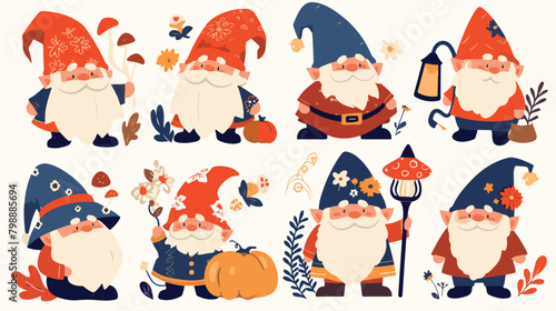 Happy cute little gnomes in autumn. Funny bearded g