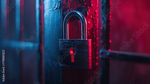 cybersecurity concept a red door stands in front of a locked padlock, with a red light in the backg photo