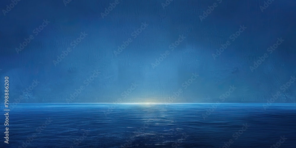 Tranquil Blue Sea and Sky: Hyper-Realistic Minimalist Scene with Gradient Blues, Bright Lights, and Empty Template