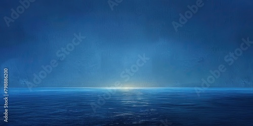 Tranquil Blue Sea and Sky: Hyper-Realistic Minimalist Scene with Gradient Blues, Bright Lights, and Empty Template © PixelPulse