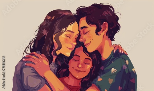 A digital drawing of a same-sex family, two moms and daughters embracing lovingly, displaying love and care