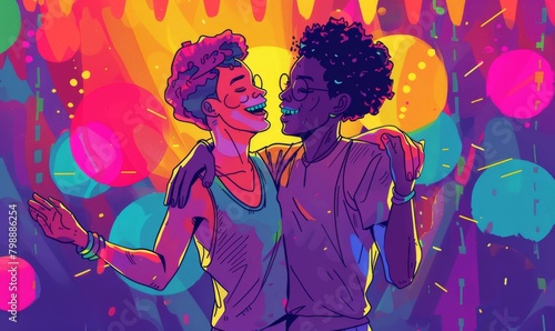 A vibrant illustration of two in love Afro gay men dancing at a party  featuring bold orange hues  digital artwork