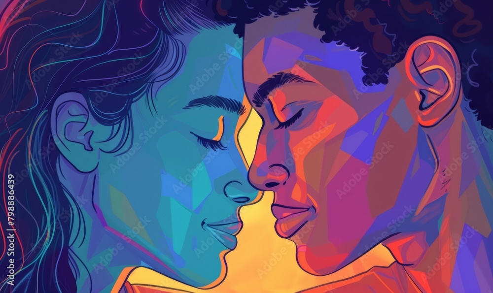A loving couple shares a moment before a kiss, European woman and Afro man, vibrant digital artwork A loving couple shares a moment before a kiss, European woman and Afro man, vibrant digital artwork