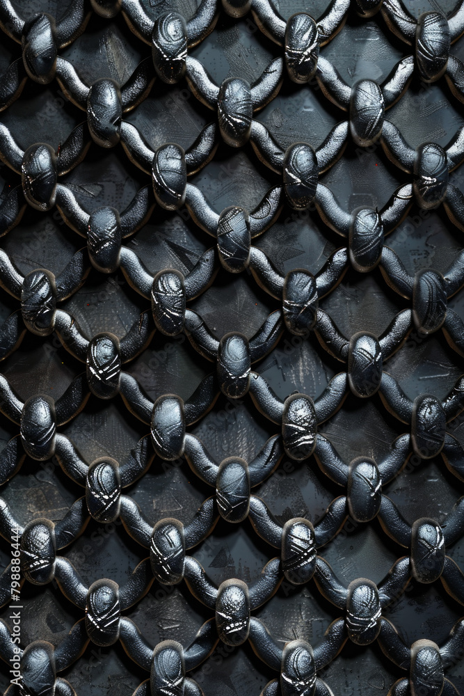 Fototapeta premium Texture resembling metallic chainmail, featuring interlocking rings and metallic shine. Metallic chainmail textures offer a medieval and armor-inspired backdrop