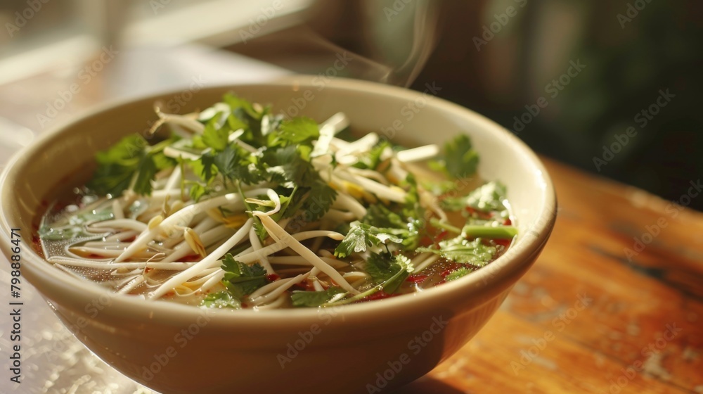A bowl of Vietnamese pho with floating cilantro leaves and bean sprouts, delivering a taste of Southeast Asian comfort. A bowl of Vietnamese pho with floating cilantro leaves and bean sprouts, delivering a taste of Southeast Asian comfort.