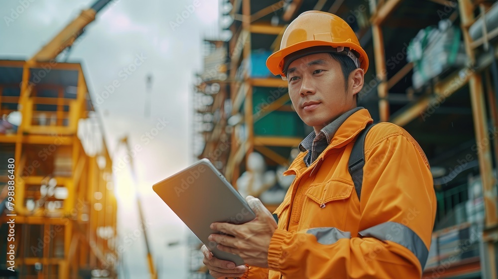 An Asian engineer inspects and works at a construction site using a tablet computer. Generative AI. An Asian engineer inspects and works at a construction site using a tablet computer. Generative AI.