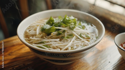 A bowl of Vietnamese pho with floating cilantro leaves and bean sprouts, delivering a taste of Southeast Asian comfort.