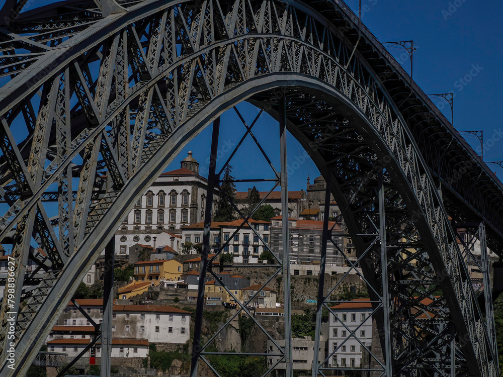 Fototapeta premium Porto, Portugal an Unusual view of Luis I Bridge over Douro River