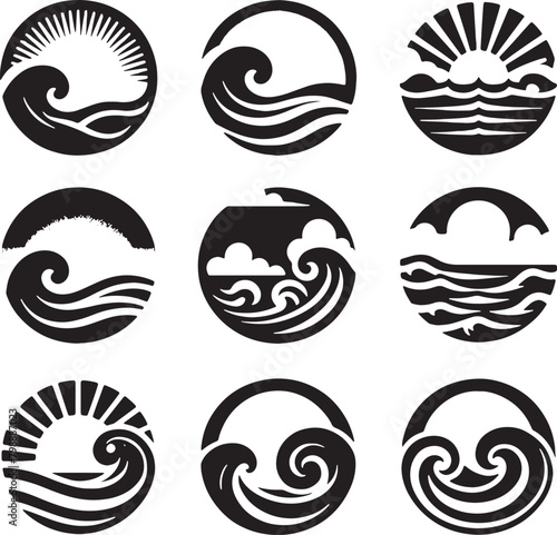 set of sea wave sunset logo icon silhouette symbols clipart, sunset logo concept, collection of sunset with sea wave logos