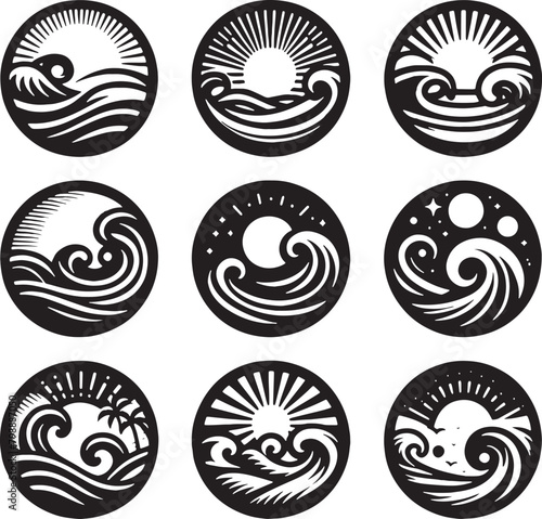 set of sea wave sunset logo icon silhouette symbols clipart, sunset logo concept, collection of sunset with sea wave logos