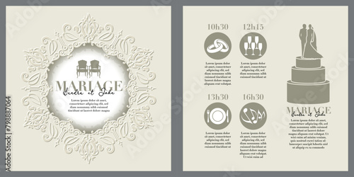 Carte pour un mariage avec au recto une rosace dessinée en relief et au verso des pictogrammes pour indiquer l’heure et le parcourt des festivités - Texte Français, traduction : mariage.