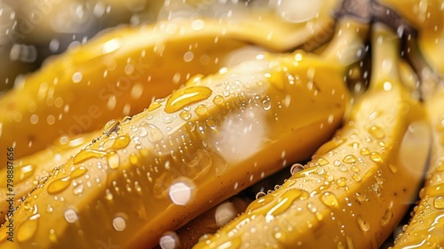 A pile of yellow bananas  covered in water droplets  looks delicious and tempting. Generative AI.