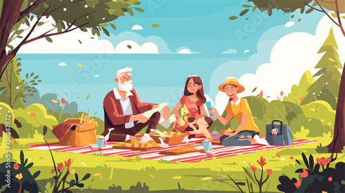 Happy family relaxing on picnic blanket in city par