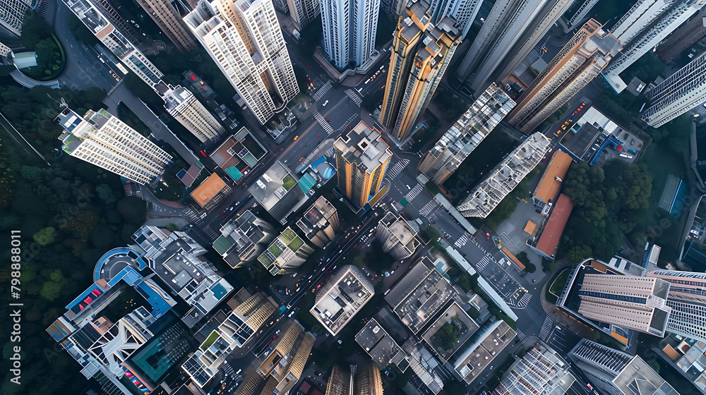 drone technology captures a stunning aerial view of a cityscape featuring a towering skyscraper, a
