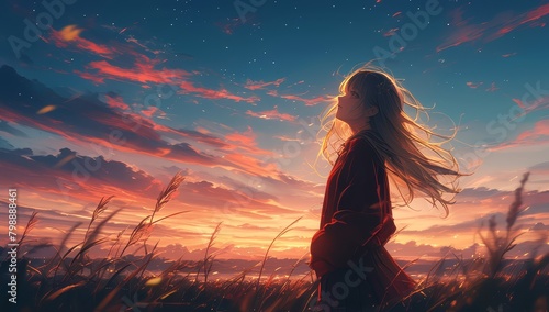 A girl stands under the sky, with clouds and stars in the background. The sky is painted red by sunset, creating an atmosphere of tranquility and contemplation.