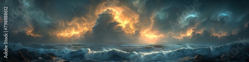 Widescreen illustration of night stormy sea