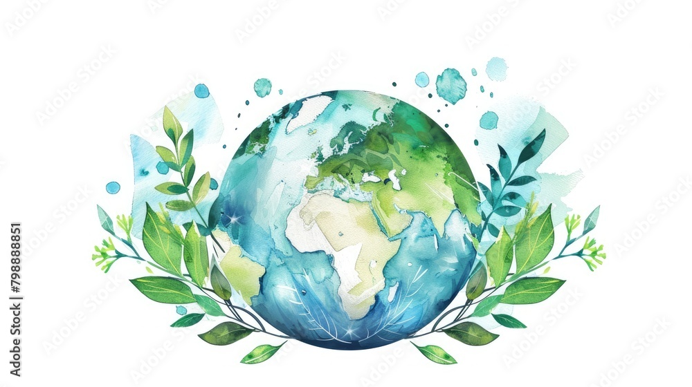 Cute Cartoon Earth with Greenery: Vector Drawing in Soft Blue and Emerald on White Background