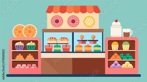 The bakery counter is adorned with a colorful array of treats making it difficult for the regulars to choose just one.. Vector illustration
