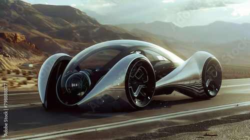 future of transportation in the desert a white car and a black tire parked on the side of the road © YOGI C