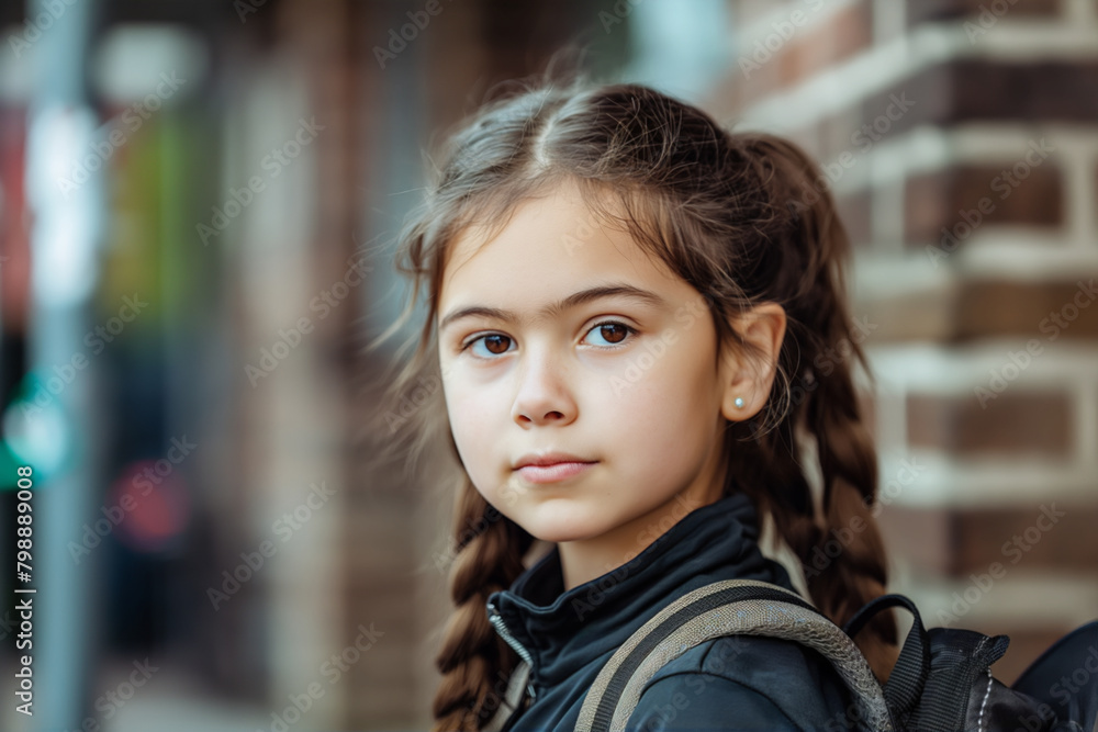 Portrait of a young girl with a backpack standing outside a school. Her confident gaze into the camera shows determination and readiness for a day of learning