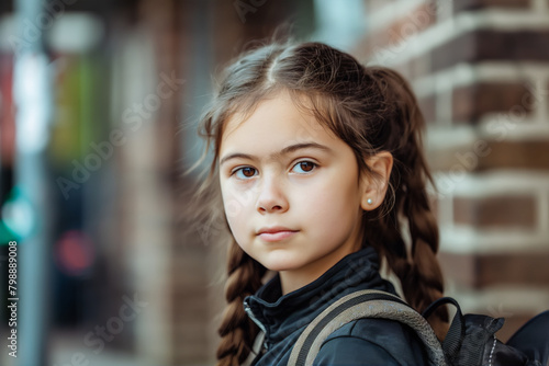 Portrait of a young girl with a backpack standing outside a school. Her confident gaze into the camera shows determination and readiness for a day of learning © Enigma