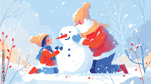 Happy father and daughter building snowman. Parent