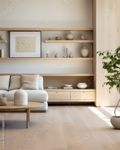 living room with white walls and light wood floors. There is a white sofa, a coffee table, and a few pieces of art on the walls. The room is decorated in a modern style. © DJSPIDA FOTO