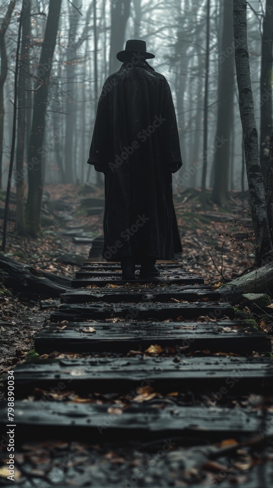 Dark silhouette of a man with a hat and a raincoat walking into a spooky forest Dark silhouette of a man with a hat and a raincoat walking into a spooky forest