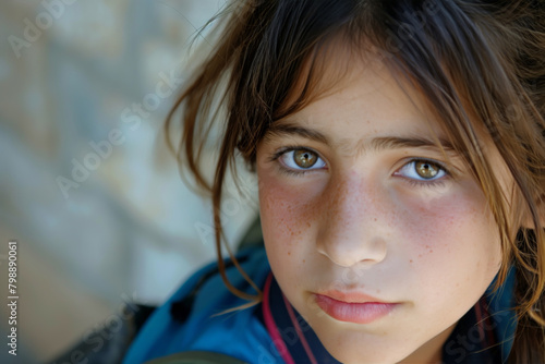 Close-up of a young girl with captivating hazel eyes and freckles, conveying a sense of innocence and curiosity. Soft lighting accentuates her natural beauty and thoughtful expression