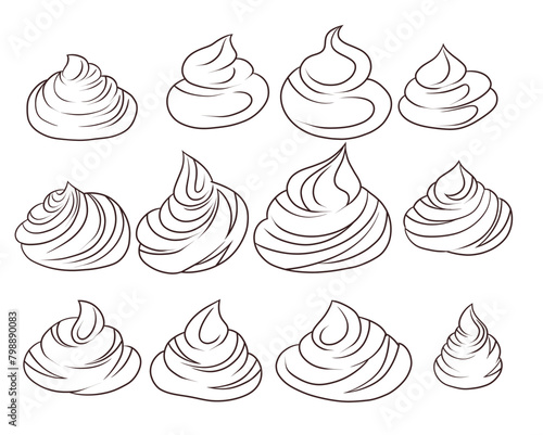 Vector set of contour cartoon meringues and creams isolated from background. Collection of outline sweet zephyrs. Monochrome line art food cliparts for recipes, stickers (ID: 798890083)