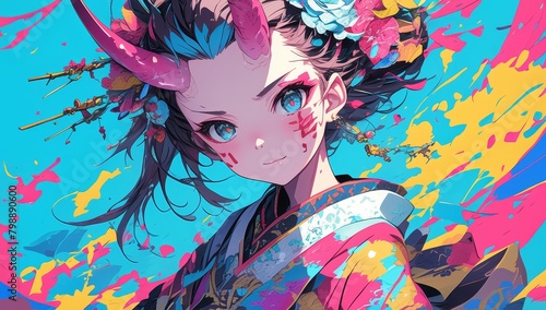 A cute Kawaii geisha and an oni demon with horns in kimono in the colorful pop art illustration