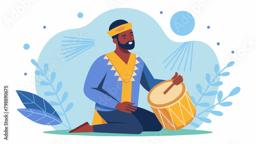 A man plays a traditional drum during a Juneteenth spiritual service using rhythmic beats to connect with the ancestors and invoke healing energy.. Vector illustration