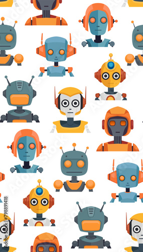 Child cheerful pattern with bright cartoon robots on a white background. Childish flat texture with various cyborg toys for fabrics, wrapping paper and wallpaper. (ID: 798891418)