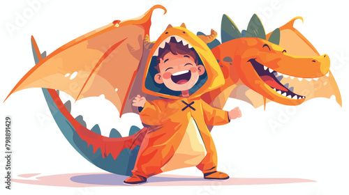 Happy kid in dino costume. Cute boy disguised in fu