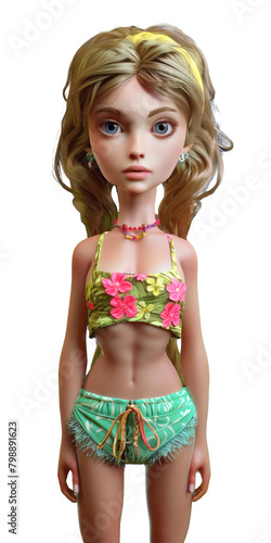 Fashion girl character in stylish beach hawaii look on transparent background.