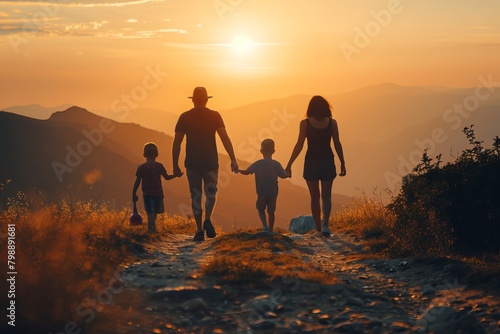 happy family with two children on the mountain looking at the sunset 