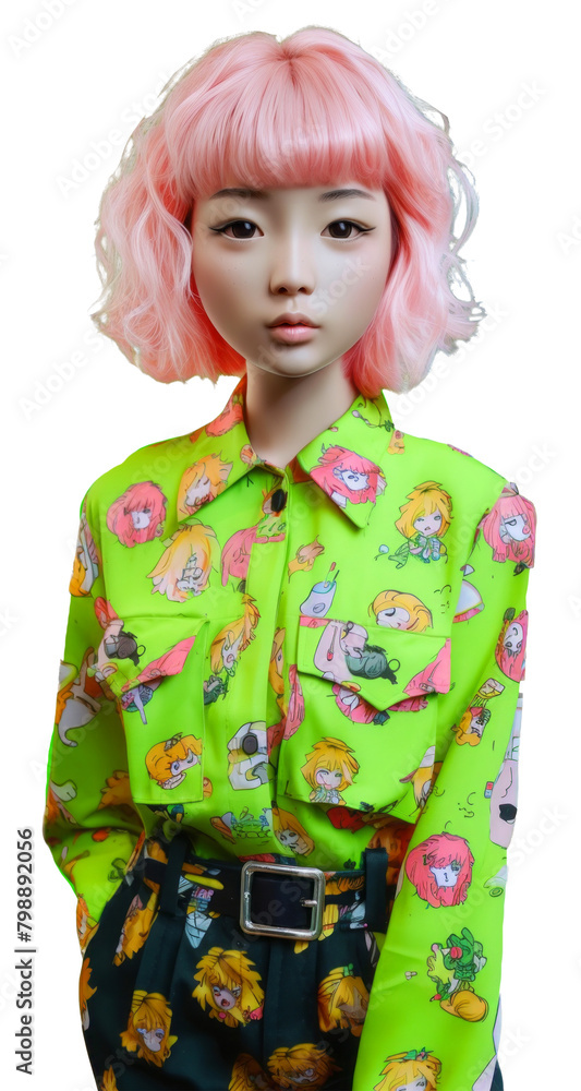 Asian girl character in 90s look. Bright urban, street fashion outfit on transparent background.