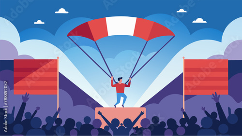 In a dramatic entrance a parachutist descends onto the stage their parachute bearing a large image of the national flag. The crowd erupts in cheers. Vector illustration