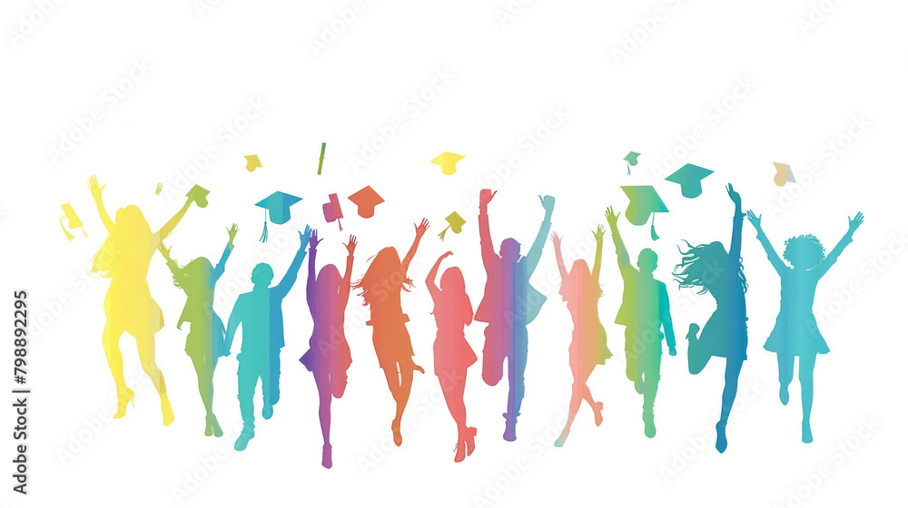 Colorful art watercolor painting illustration of many happy students in gowns, education, graduation study, university and labor market, graduate concept, transparent, cutout background