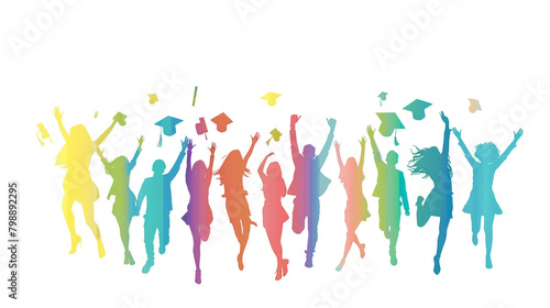 Colorful art watercolor painting illustration of many happy students in gowns, education, graduation study, university and labor market, graduate concept, transparent, cutout background