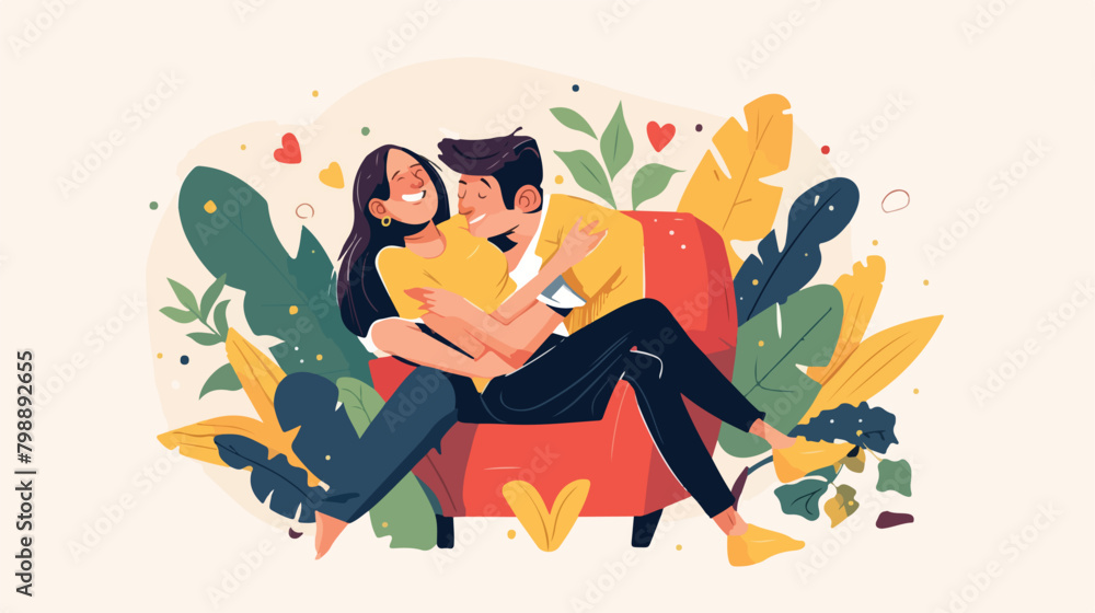 Happy love couple relaxing together sitting on sofa