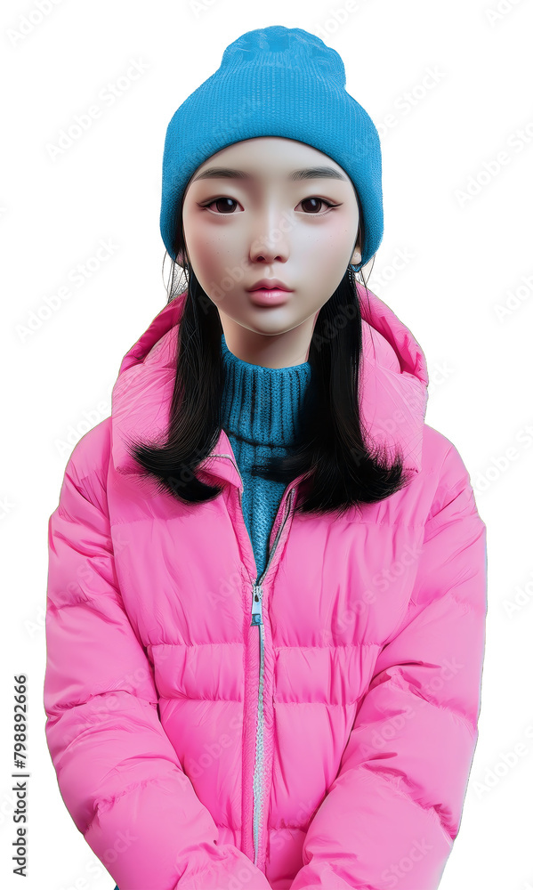 Asian girl character in winter style. Bright urban, street fashion outfit on transparent background. Asian girl character in winter style. Bright urban, street fashion outfit on transparent background.