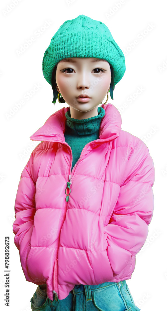 Asian girl character in winter style. Bright urban, street fashion outfit on transparent background. Asian girl character in winter style. Bright urban, street fashion outfit on transparent background.