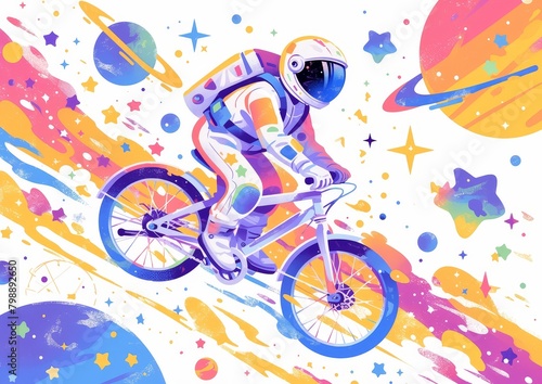 A flat illustration of a colorful cartoon character riding a flying bicycle in space