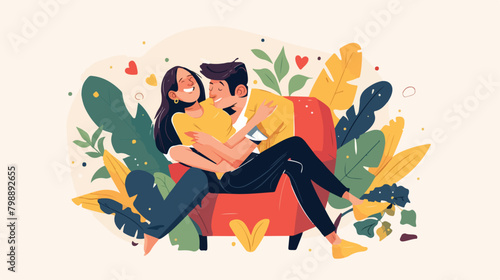 Happy love couple relaxing together sitting on sofa